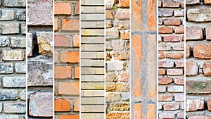 Mixture of different brick walls, white vertical stripes