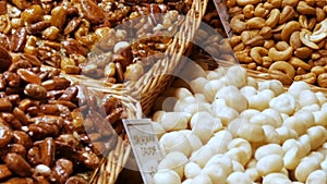 Mixture of dry fruits Raisins and nuts in the market La Boqueria in Barcelona,Spain