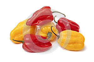 Mixture of fresh raw yellow and red Adjuma peppers close up on white background