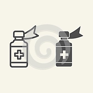 Mixture line and solid icon. Medicine bottle with cross outline style pictogram on white background. Cough syrup for