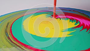 Mixture of multi-colored paint creating print in bucket