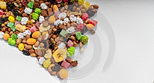 Mixture of nuts,dry fruits on white background