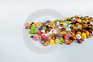 Mixture of nuts,dry fruits on white background