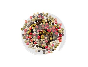 Mixture of peppercorns isolated on white background with copy space for text or images. Spices and herbs. Packaging