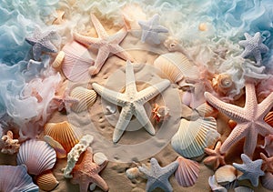 a mixture of shells and starfish on the beach