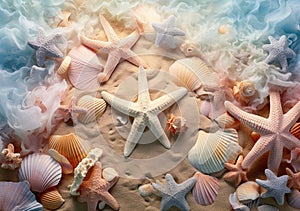 a mixture of shells and starfish on the beach