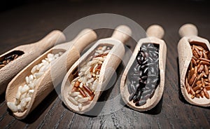 Mixture of white, brown and black rice in scoops. Healthy and natural food concept.