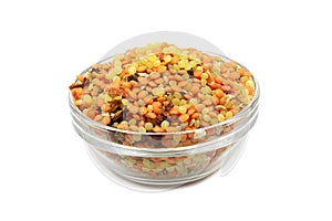 Mixtures of pea, lentils in a glass bowl photo