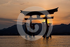 Miyajima island - Silhouette of the  Itsukushima Floating Torii Gate at sunset