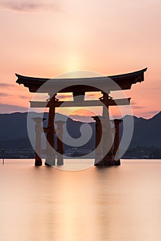 Miyajima island - Silhouette of the  Itsukushima Floating Torii Gate at sunset