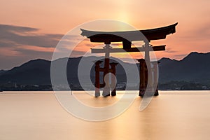 Miyajima island - Silhouette of the  Itsukushima Floating Torii Gate at sunset