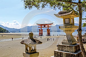 The great Torii Red at Itsukushima Shrine is a Shinto shrine on the island of Itsukushima aka Miyajima at low tide