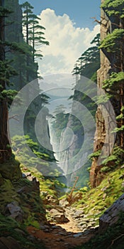 Miyazaki Hayao Style: Peculiar Sequoia On A Canyon Mountainside