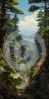 Miyazaki Hayao Style: Peculiar Sequoia On Canyon Mountainside