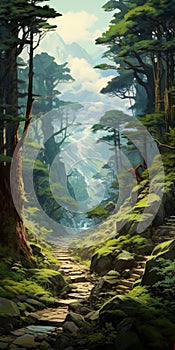 Miyazaki Hayao Style: Peculiar Sequoia On The Mountainside Path