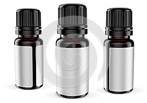 A 10 ml bottle of dark brown UV glass for essential oils isolated on white background. photo
