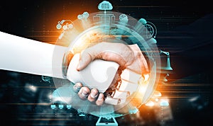 MLB 3D rendering humanoid robot handshake to collaborate future technology