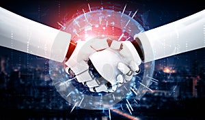 MLB 3D rendering humanoid robot handshake to collaborate future technology