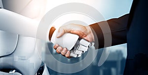 MLB 3D rendering humanoid robot handshake to collaborate future technology