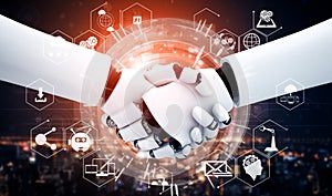 MLB 3D rendering humanoid robot handshake to collaborate future technology