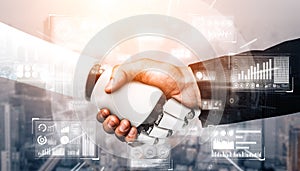 MLB 3D rendering humanoid robot handshake to collaborate future technology