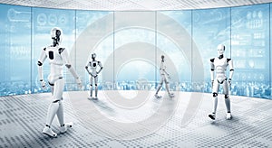 MLB 3D rendering robot humanoid working in future office interior