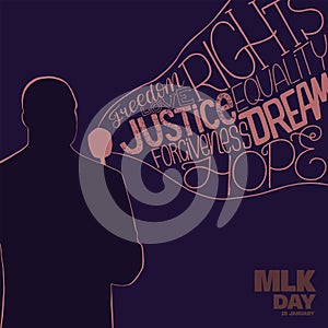 MLK day typography poster with speaker silhouette and words message