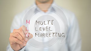 MLM, Multi Level Marketing, Man writing on transparent screen