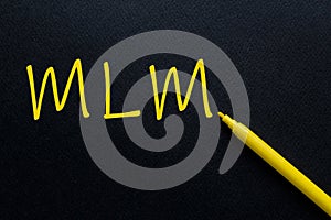 MLM Multi Level Marketing Yellow Pen with yellow text own rent at the black background