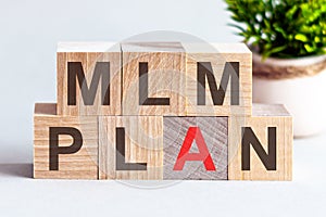 MLM PLAN word written on wood block. Faqs text on table, concept