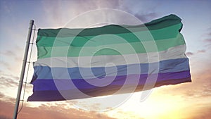 MLM pride flag waving in the wind, sky and sun background. 3d rendering