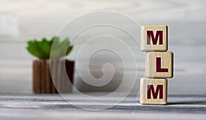MLM - word on wooden cubes against the background of a light board with beautiful divorces and a cactus