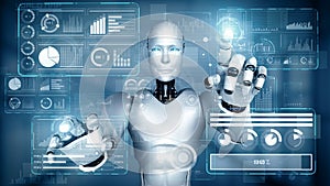 MLP AI hominoid robot touching virtual hologram screen showing concept of big data