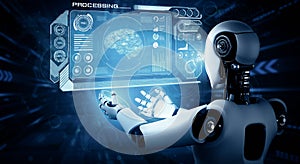 MLP AI humanoid robot holding virtual hologram screen showing concept of AI brain