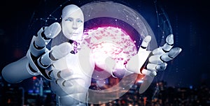 MLP AI humanoid robot holding virtual hologram screen showing concept of AI brain