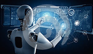 MLP AI humanoid robot touching virtual hologram screen showing concept of AI brain