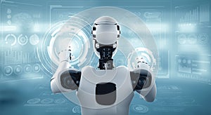 MLP AI humanoid robot touching virtual hologram screen showing concept of big data