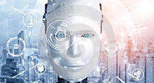MLP Robot humanoid face close up with graphic concept of AI thinking brain