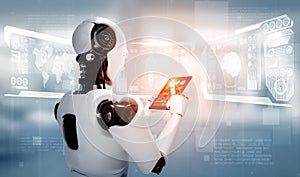 MLP Robot humanoid using tablet computer in concept of AI thinking brain