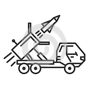 MLRS icon. Multiple rocket launcher system sign. Army artillery vehicle. Flat style vector illustration isolated on photo