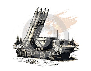 MLRS - multiple launch rocket system. Military vehicle. Hand drawing. photo