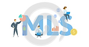 MLS, Multiple Listing Service. Concept with keywords, people and icons. Flat vector illustration. Isolated on white.