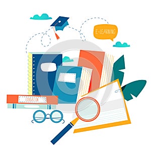 Education, online training courses, distance education vector illustration. Internet studying, online book, tutorials, e-learning,
