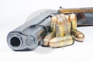 11 mm. Black handgun And ammunition