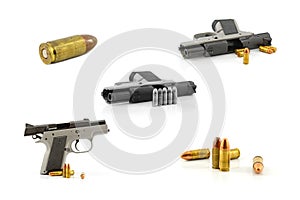 9 mm Black handgun isolated on a white background.