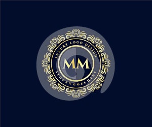 MM Initial Letter Gold calligraphic feminine floral hand drawn heraldic monogram antique vintage style luxury logo design Premium
