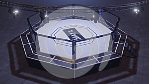 Mma arena. Empty fight cage under lights. 3D rendering