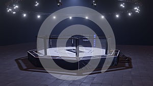 Mma arena. Empty fight cage under lights. 3D rendering