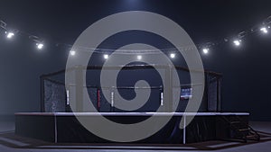 Mma arena. Empty fight cage under lights. 3D rendering