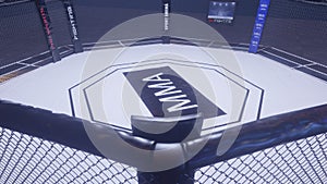 Mma arena. Empty fight cage under lights. 3D rendering